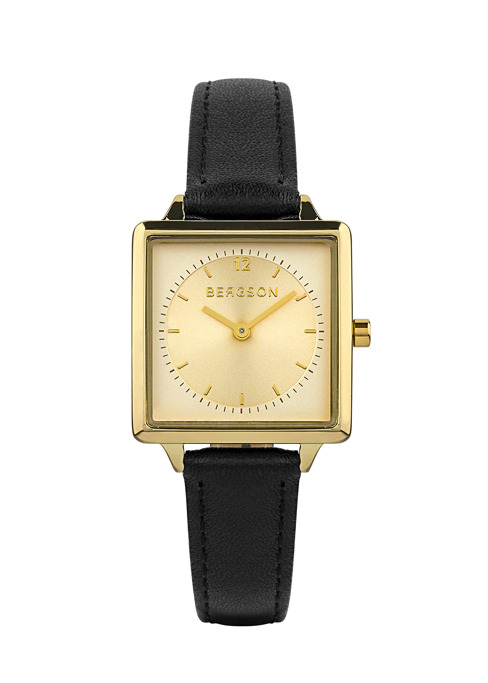 BERGSON 'Maria' Ladies Wristwatch - Square Gold-Tone Case - Black Leather Strap